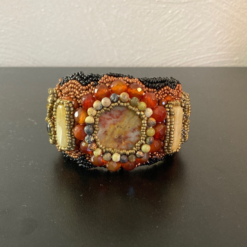 Handcrafted Beaded Cuff Bracelet with Stone Centerpiece